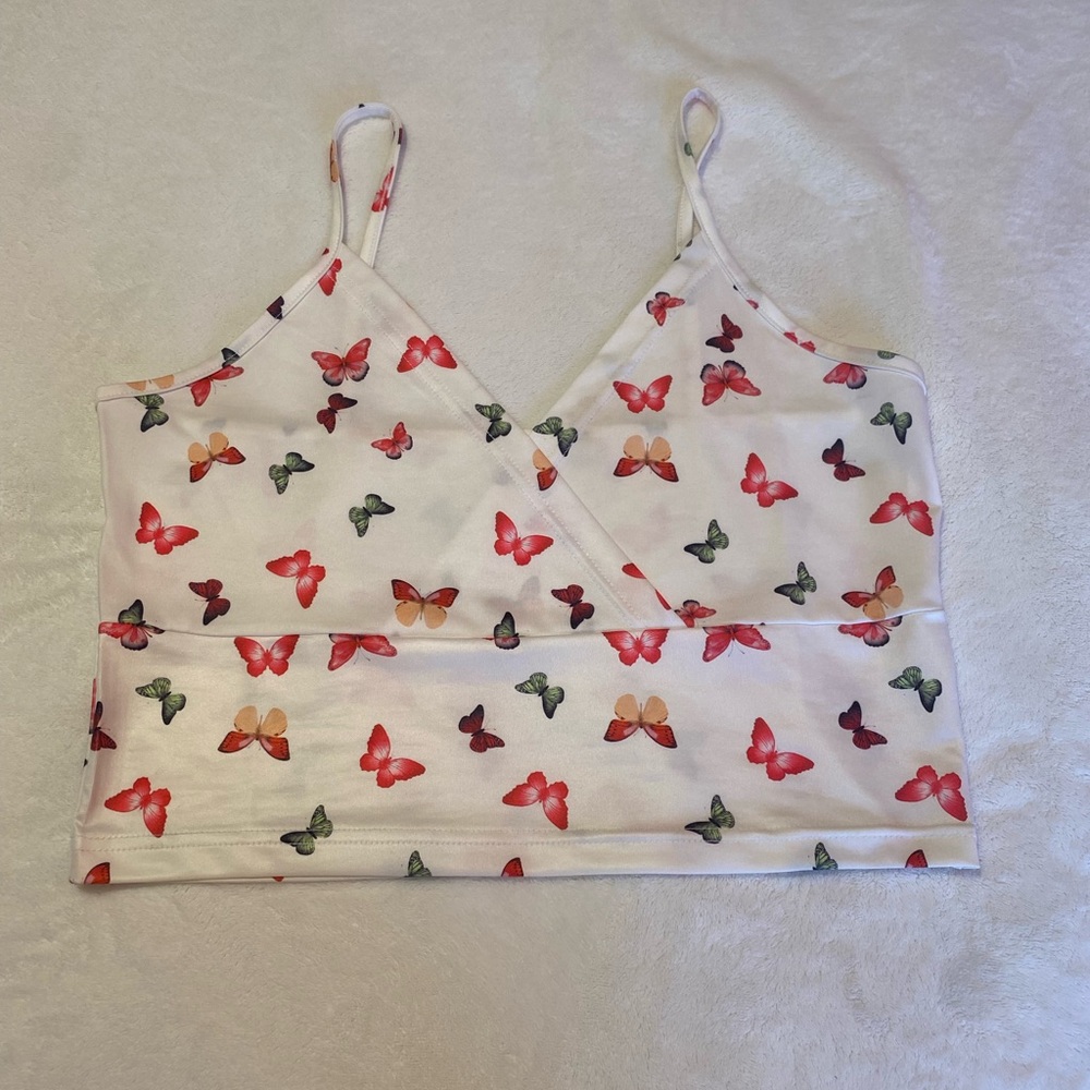 Pink, green and white butterfly crop top